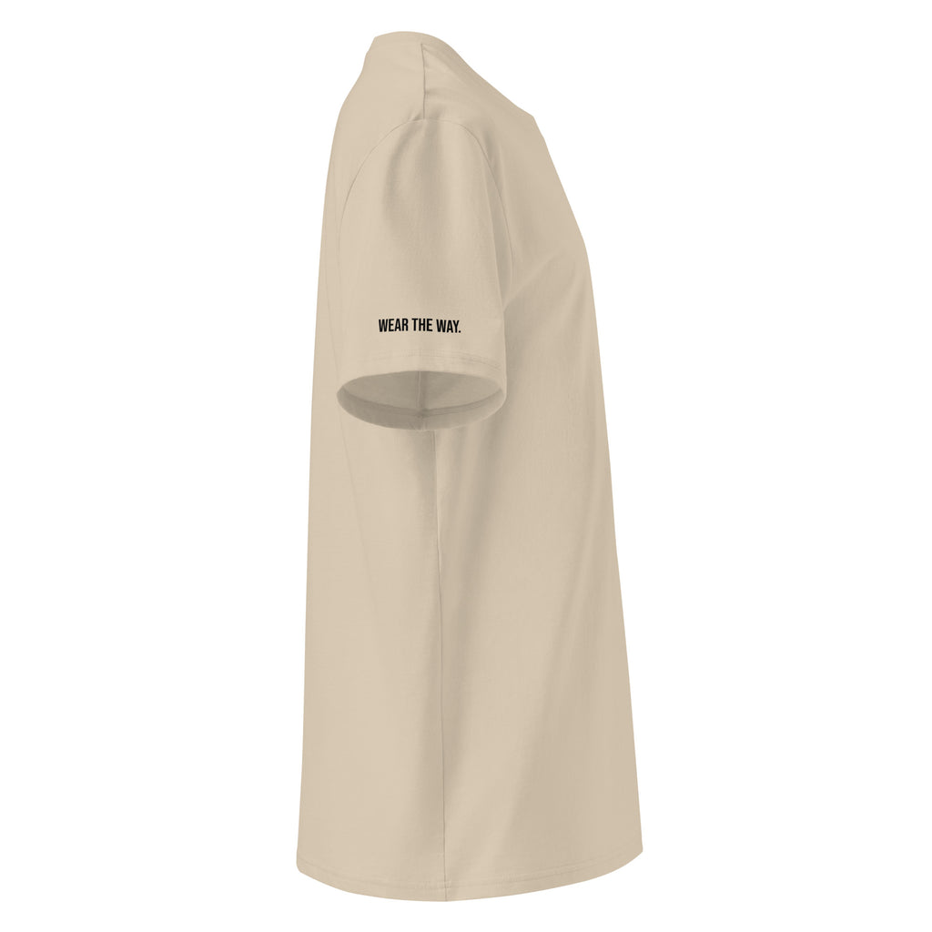 Beige t-shirt with 'Wear the Way' text on a white background