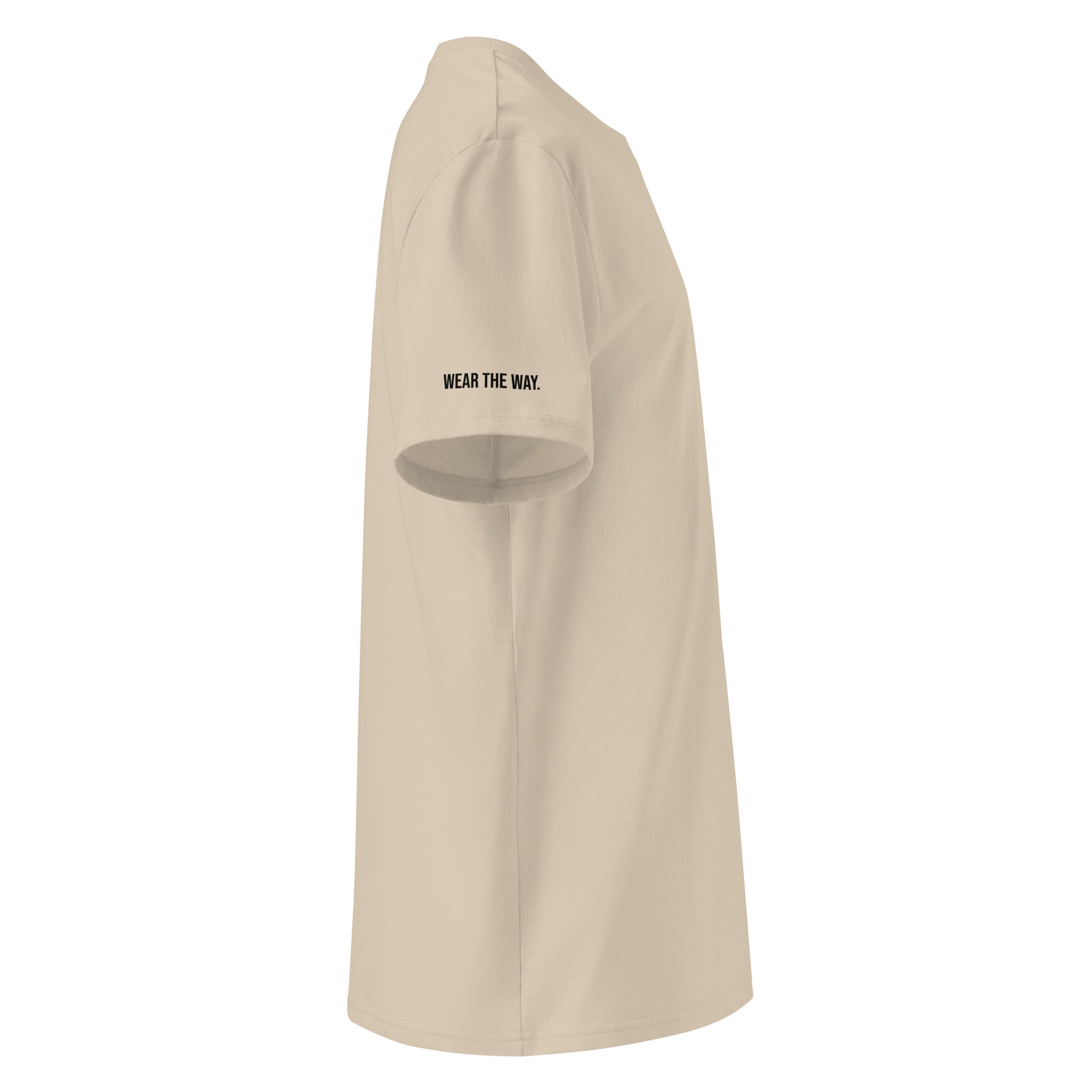 Beige t-shirt with 'Wear the Way' text on a white background