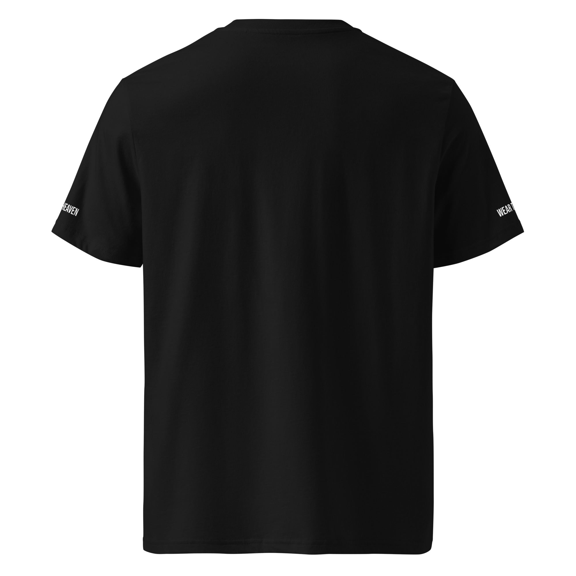 Black t-shirt with brand logos on sleeves against a white background