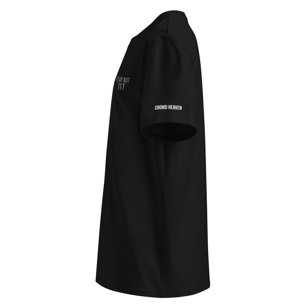 Black t-shirt with white text on a white background