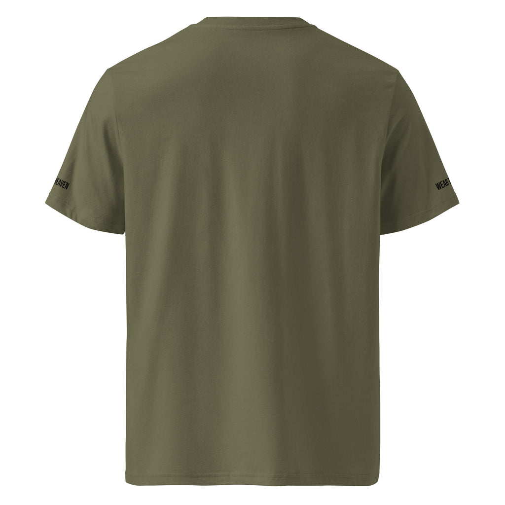 Green t-shirt with brand logos on sleeves against a white background