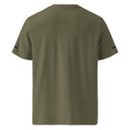 Green t-shirt with brand logos on sleeves against a white background