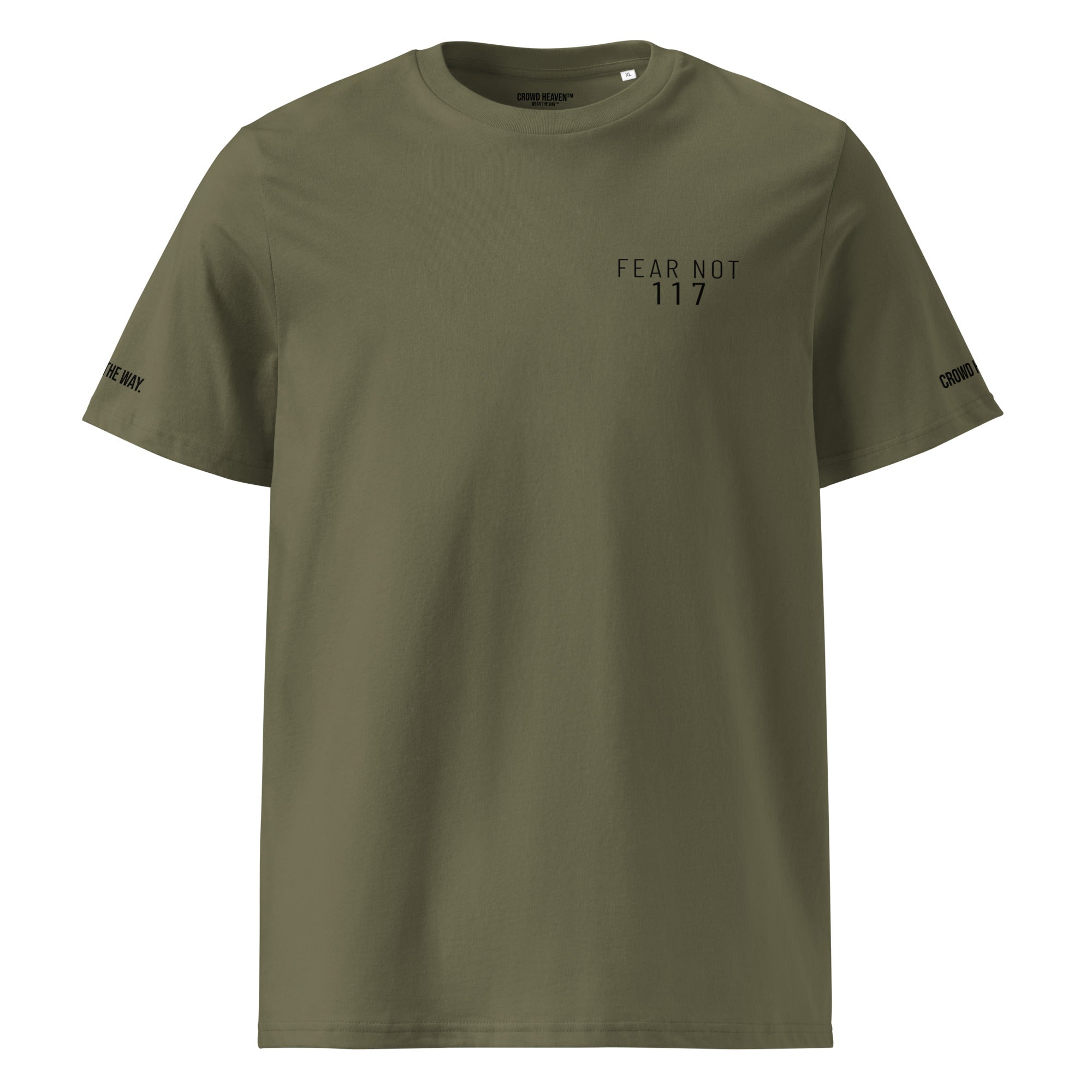 Green t-shirt with text on a white background