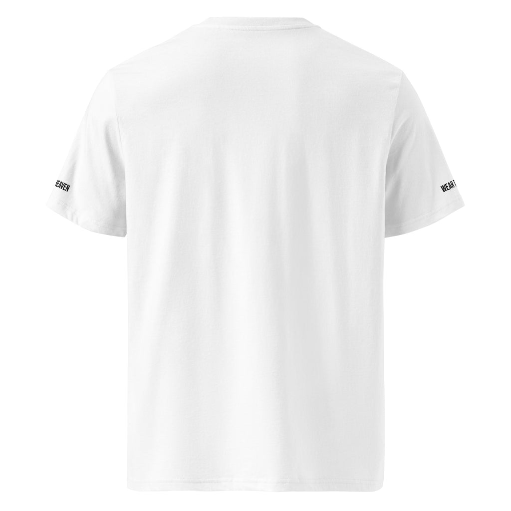 White t-shirt with black text on sleeves against a white background