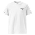 White t-shirt with text and logos on a white background