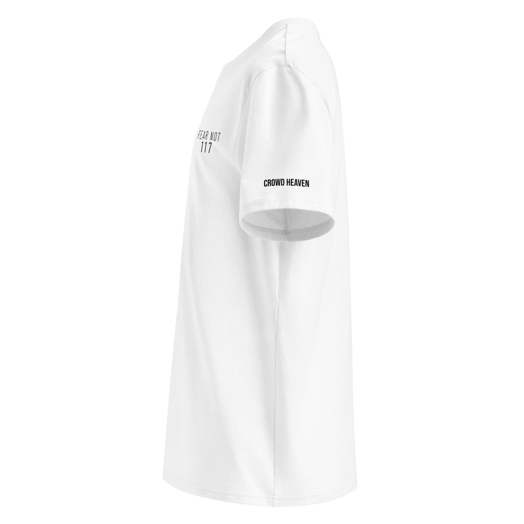 White t-shirt with text on a white background