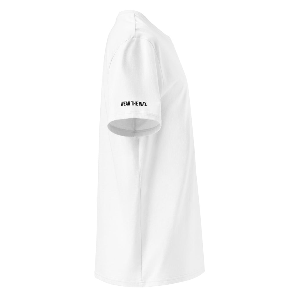 White t-shirt with 'WEAR THE WAY' text on a white background