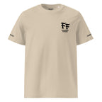 Beige t-shirt with black logo and text on a white background