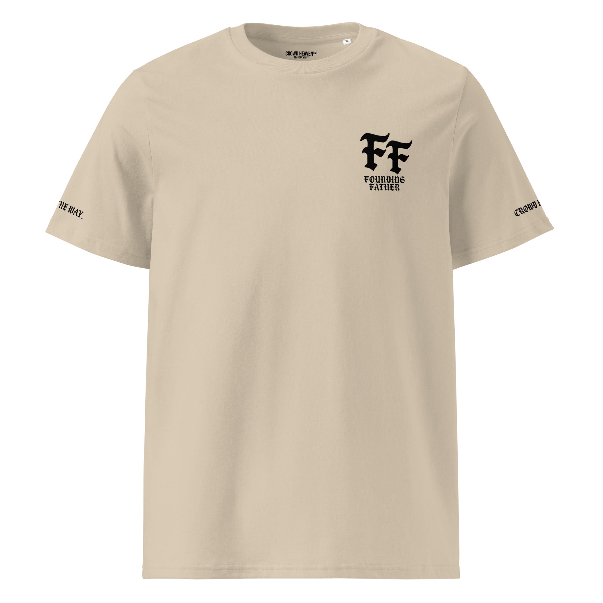 Beige t-shirt with black logo and text on a white background