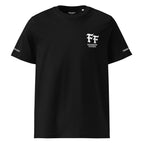 Black t-shirt with a logo on the chest against a white background