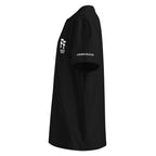 Black t-shirt with white logos on a white background