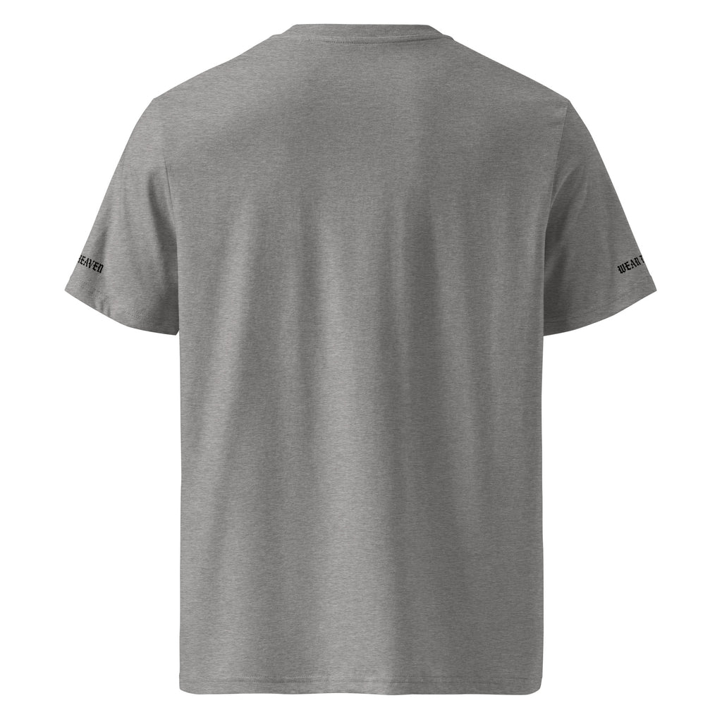Gray t-shirt with brand logos on sleeves against a white background