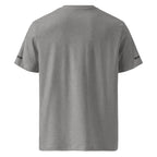 Gray t-shirt with brand logos on sleeves against a white background