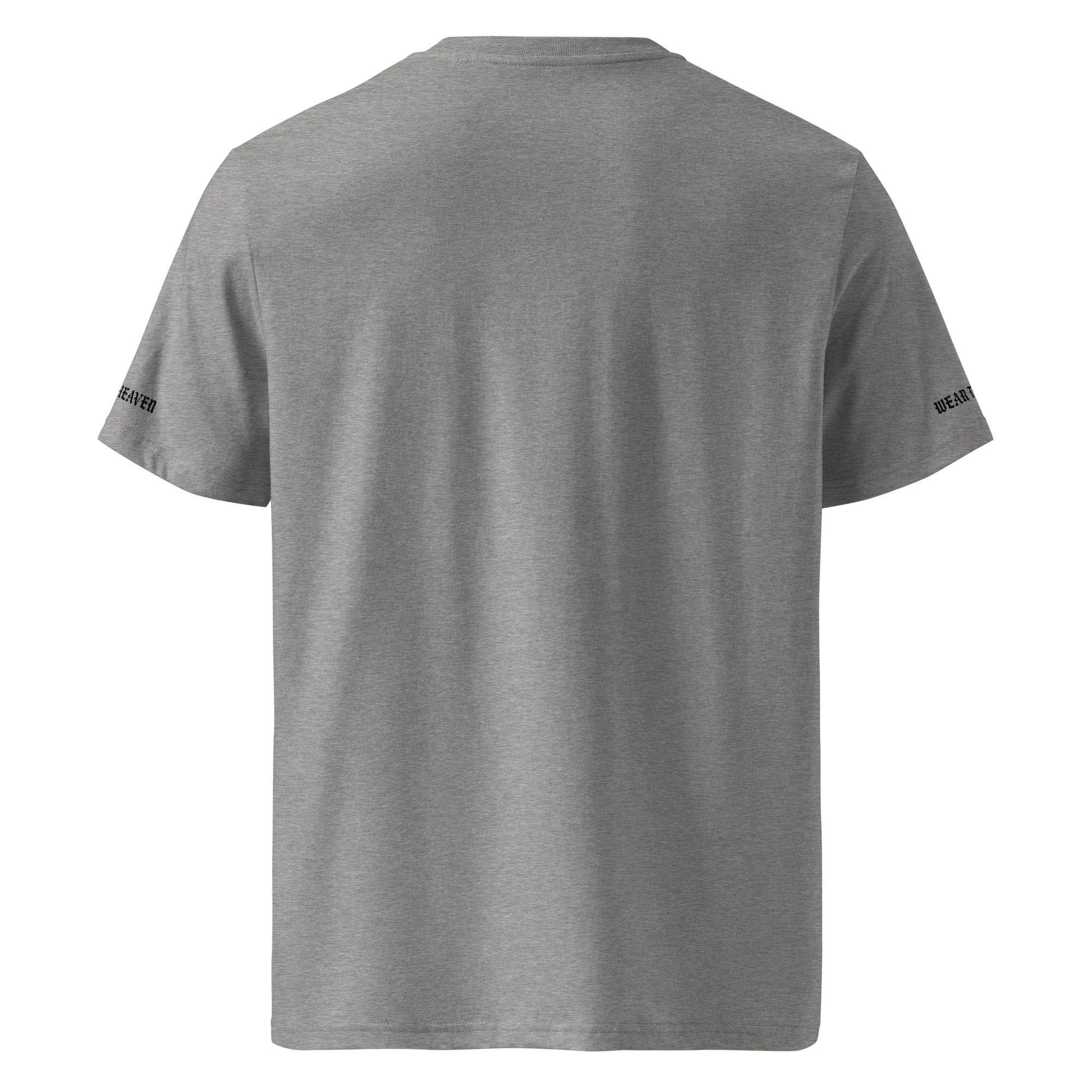 Gray t-shirt with brand logos on sleeves against a white background
