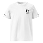 White t-shirt with black logo and text on a white background