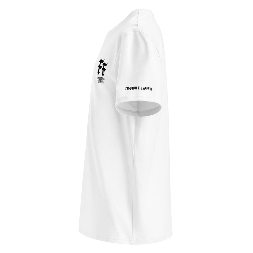 White t-shirt with black logos on a white background