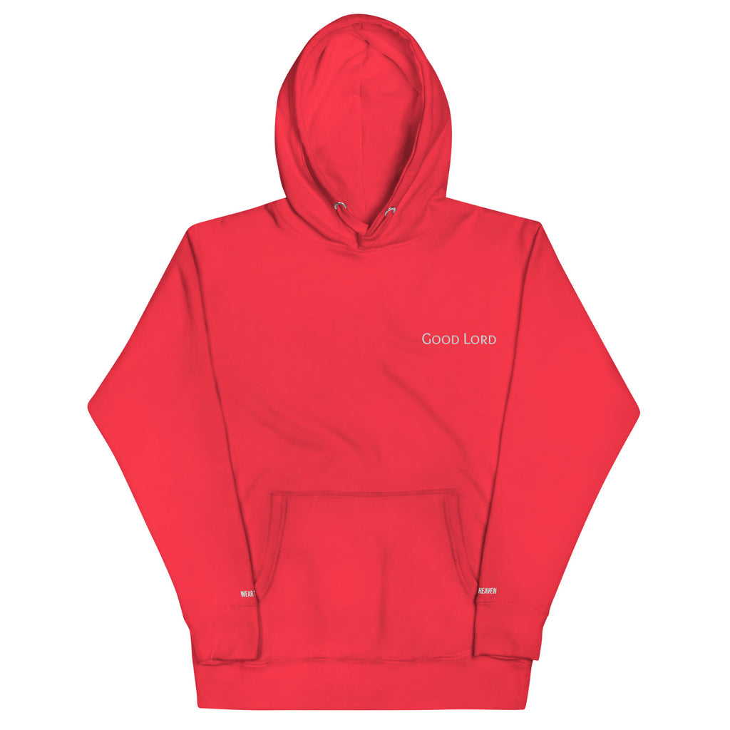 Red hoodie with 'Good Lord' text on a white background