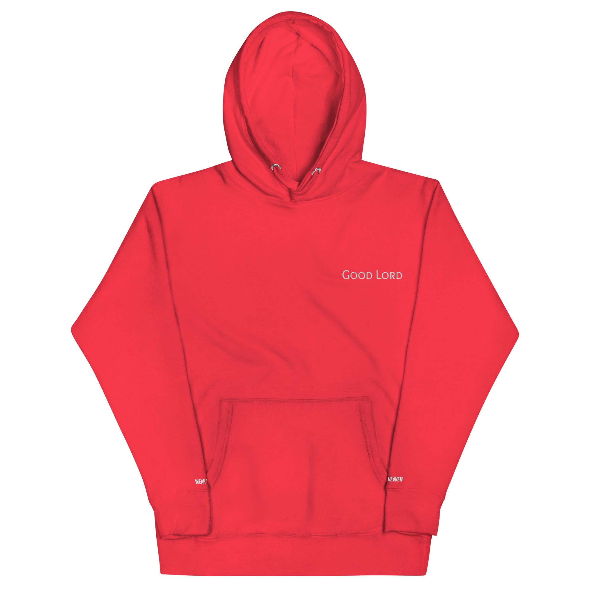 Red hoodie with 'Good Lord' text on a white background