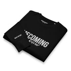 Black sweatshirt with white text on a white background