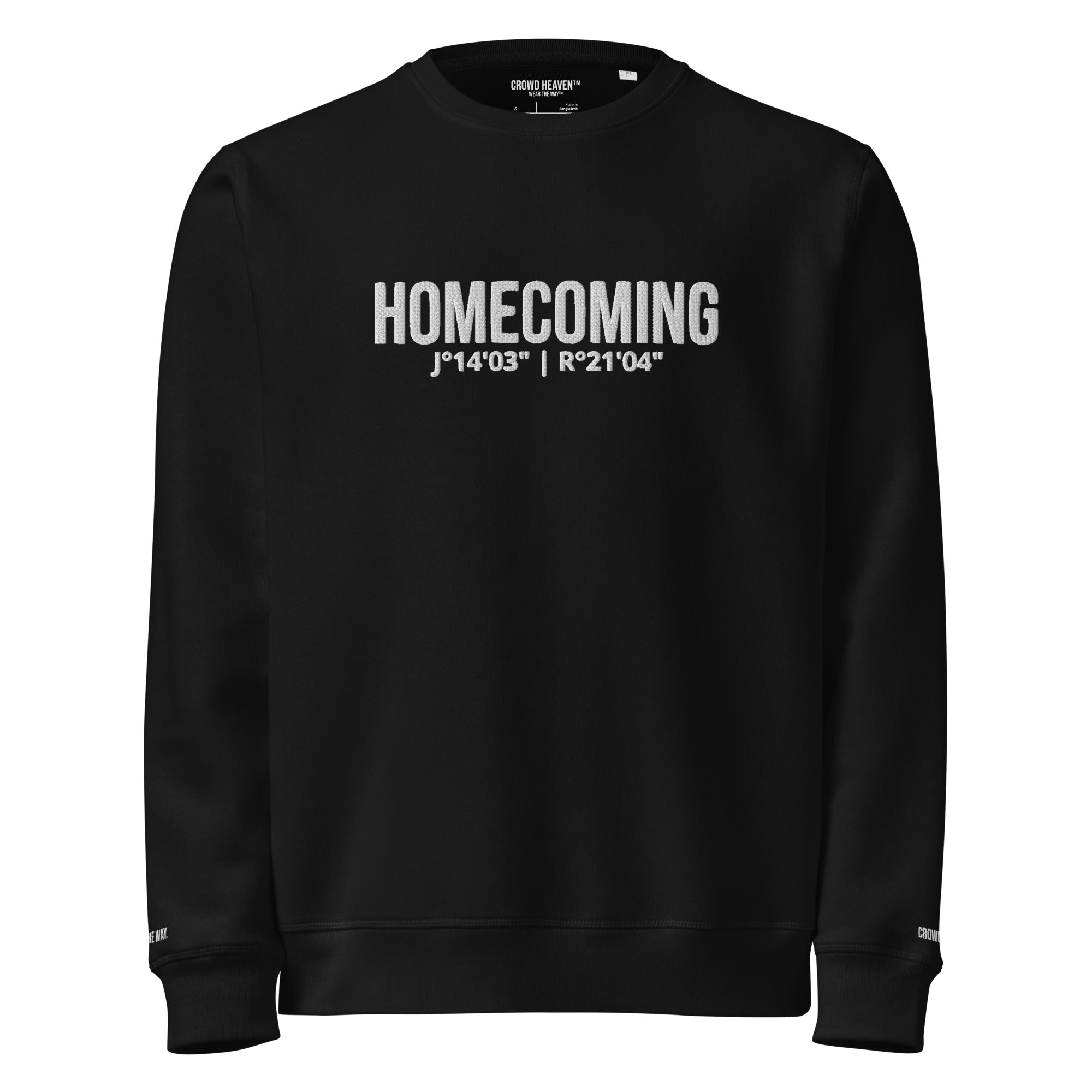 Black sweatshirt with 'HOMECOMING' text on a white background