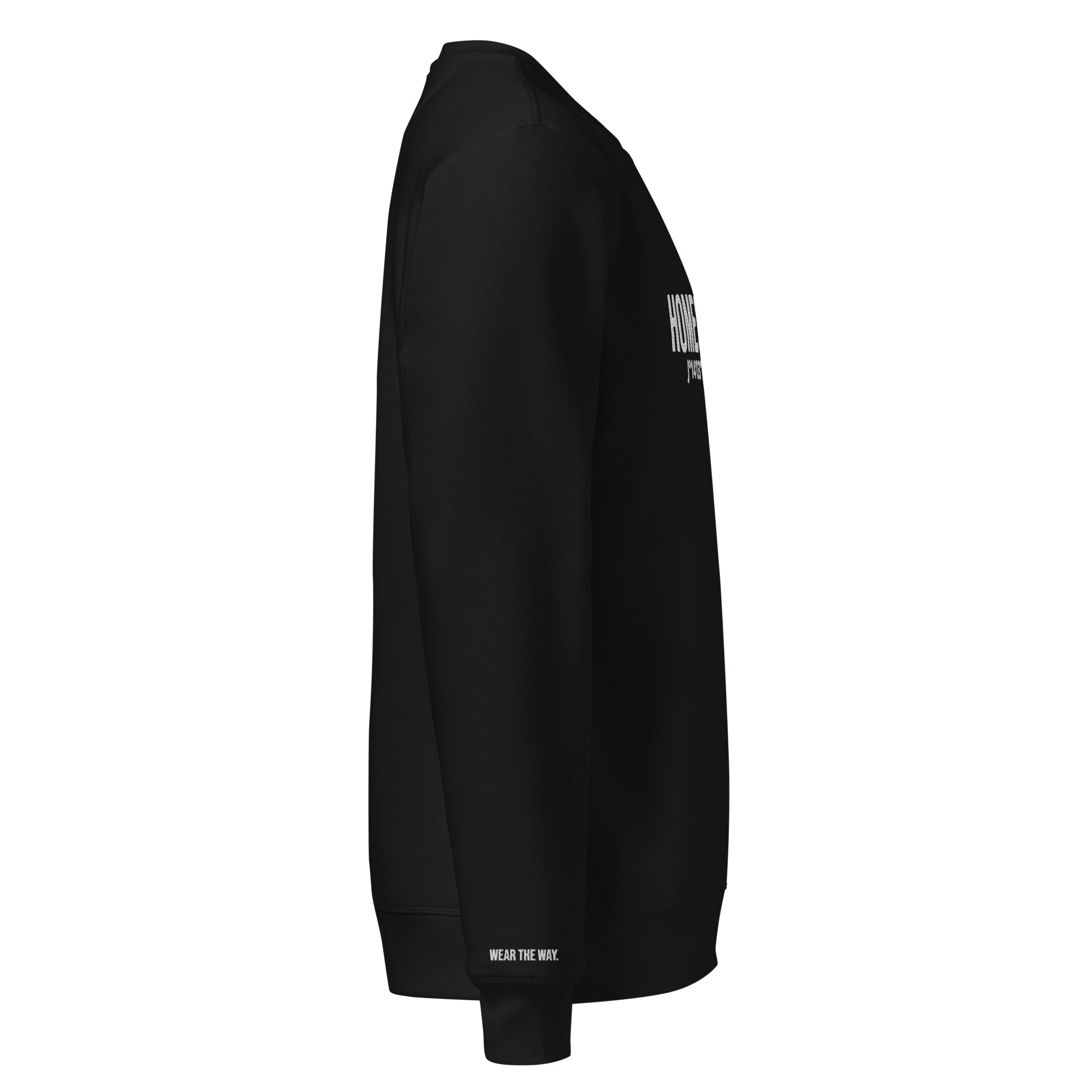 Black sweatshirt with text on sleeve and waistband against a white background