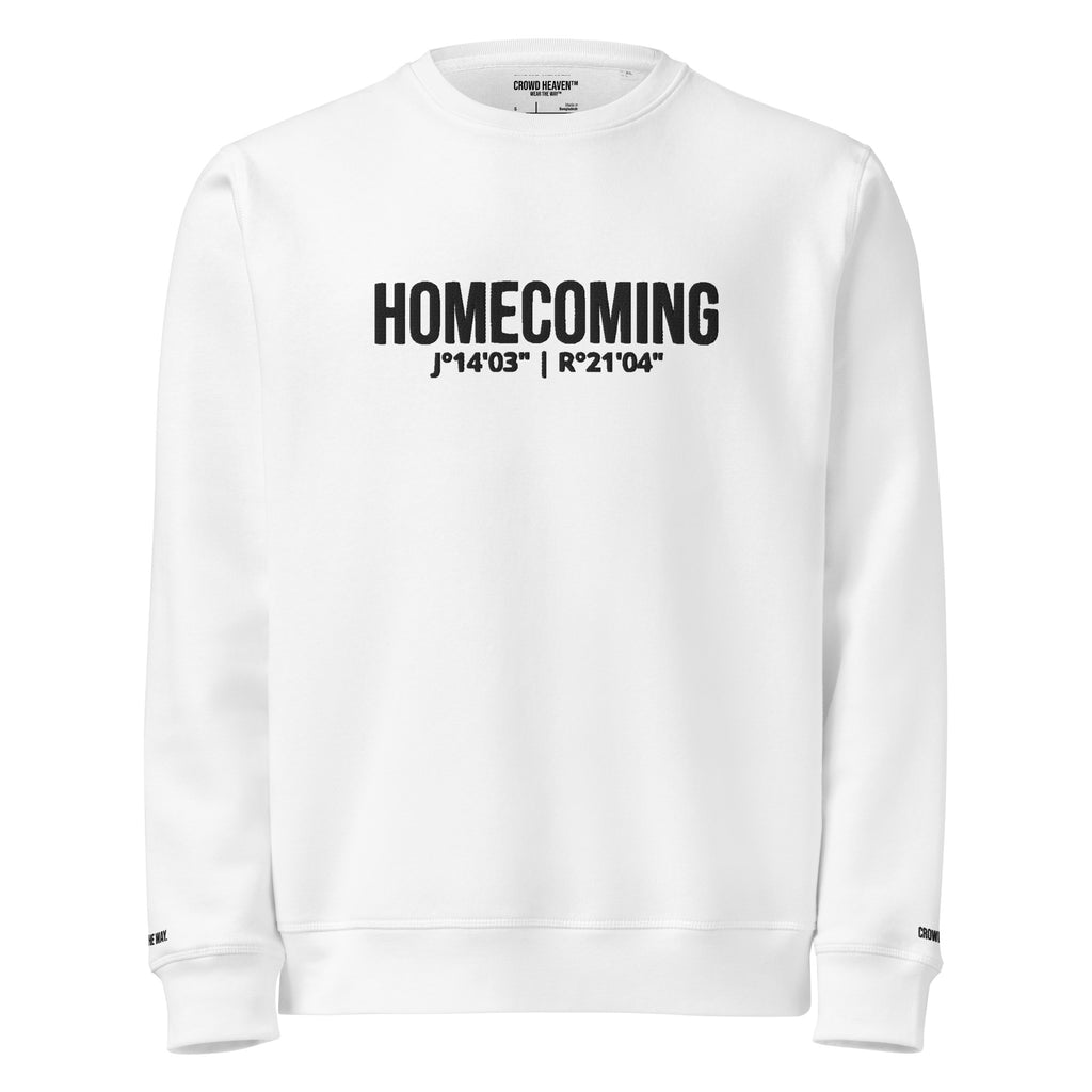 White sweatshirt with 'HOMECOMING' text on a white background