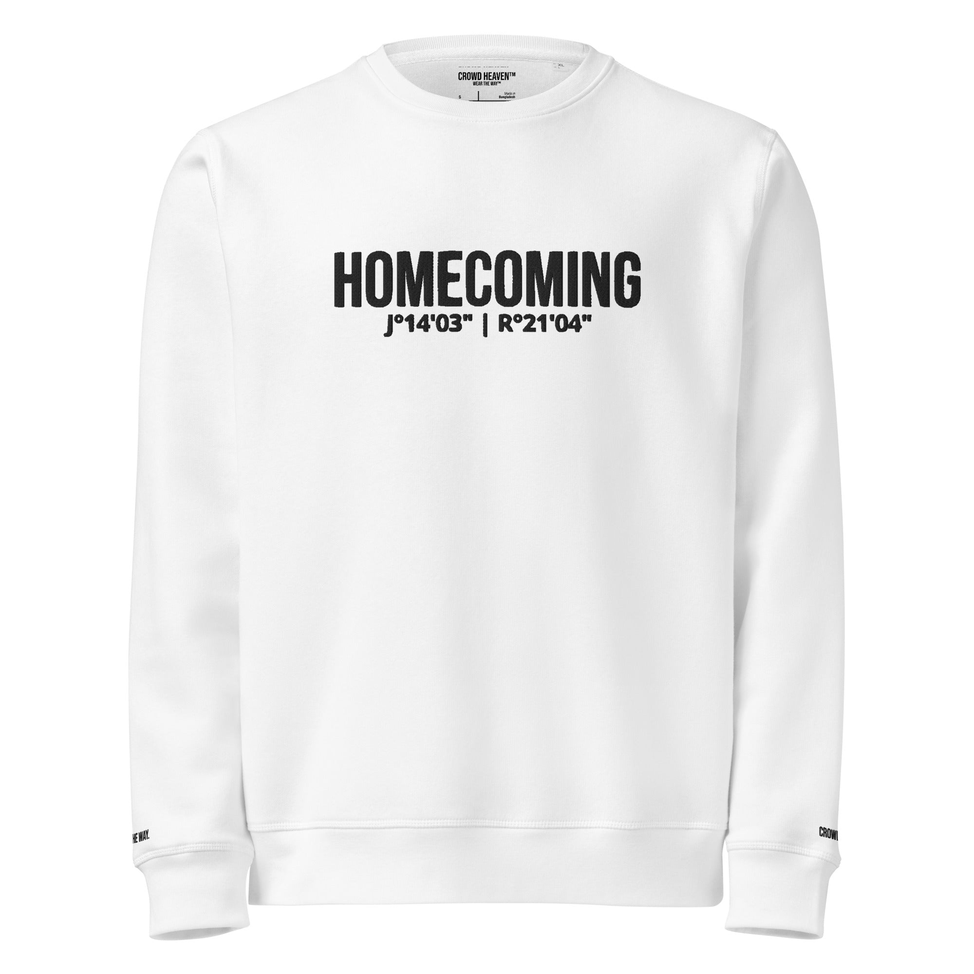 White sweatshirt with 'HOMECOMING' text on a white background