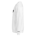 White sweatshirt with black text on sleeve and chest, brand logo at bottom, on white background