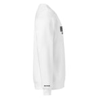White long-sleeve shirt with black text on a white background