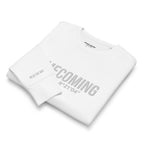 White sweatshirt with text on a white background