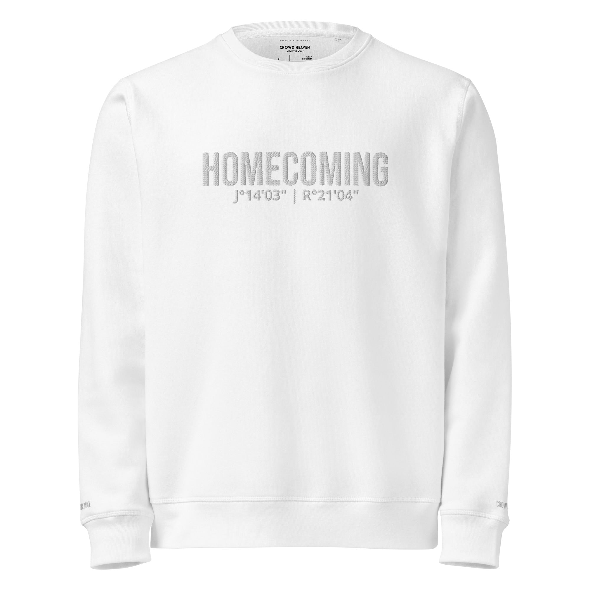 White sweatshirt with 'HOMECOMING' text on a white background