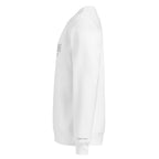 White sweatshirt with a logo on the chest against a white background