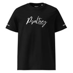 Black t-shirt with 'Psaltery' text on a white background