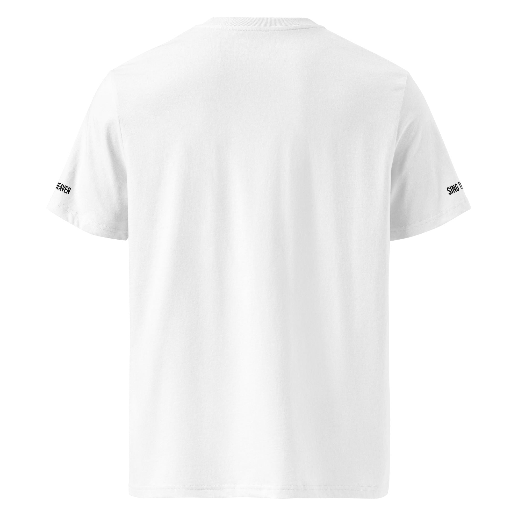 White t-shirt with black text on sleeves against a white background