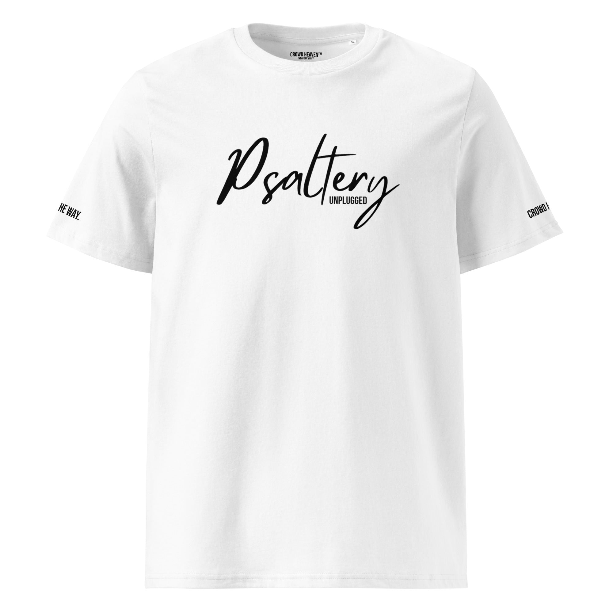 White t-shirt with 'Psaltery Unplugged' text on a white background