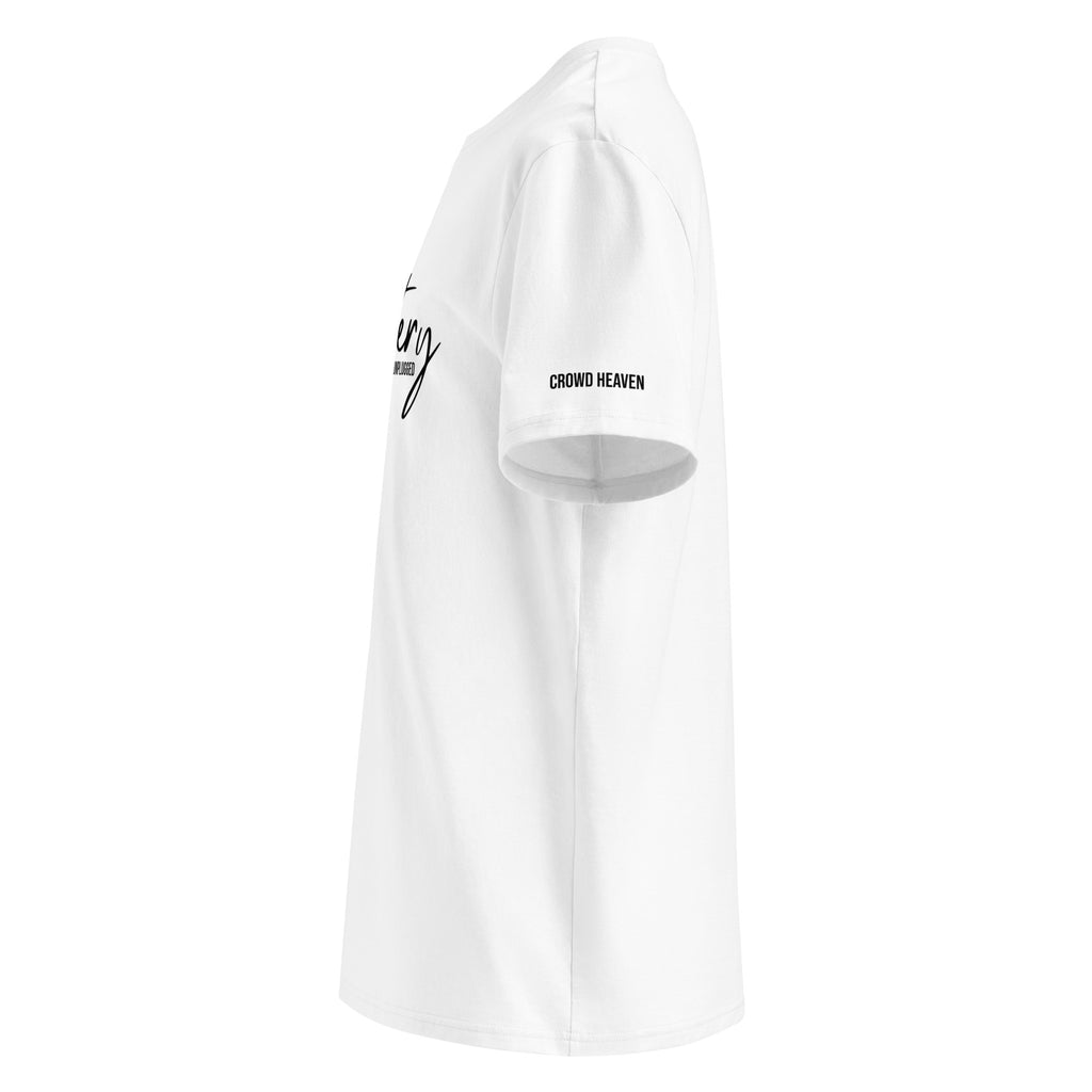 White t-shirt with black text on a white background