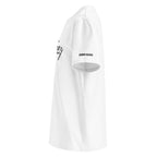 White t-shirt with black text on a white background