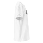White t-shirt with text on a white background