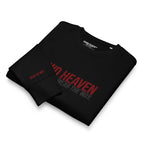 Black crewneck with red and white text on a white background