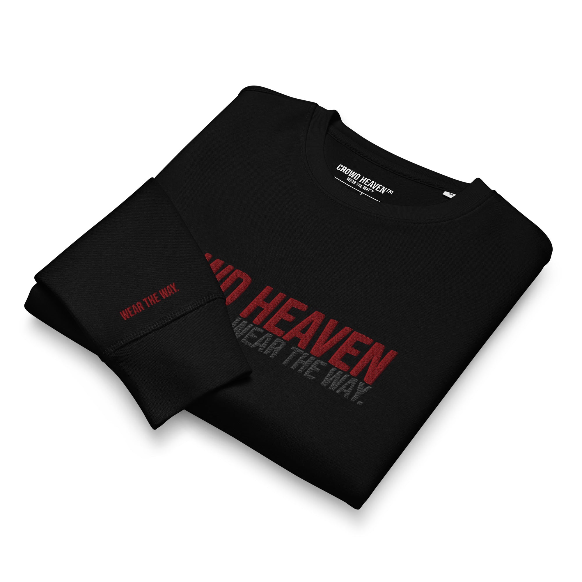 Black crewneck with red and white text on a white background