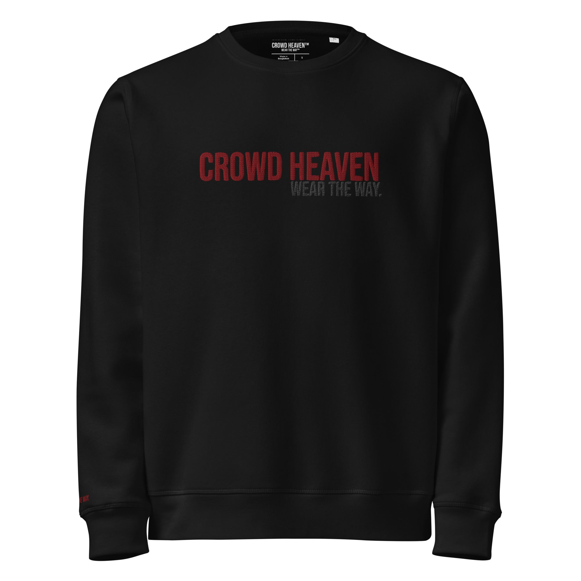 Black sweatshirt with red text 'CROWD HEAVEN' on a white background