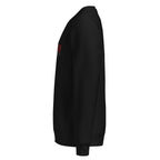 Black sweatshirt with a red tag on the sleeve against a white background