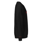 Black sweatshirt with a red logo on the chest against a white background