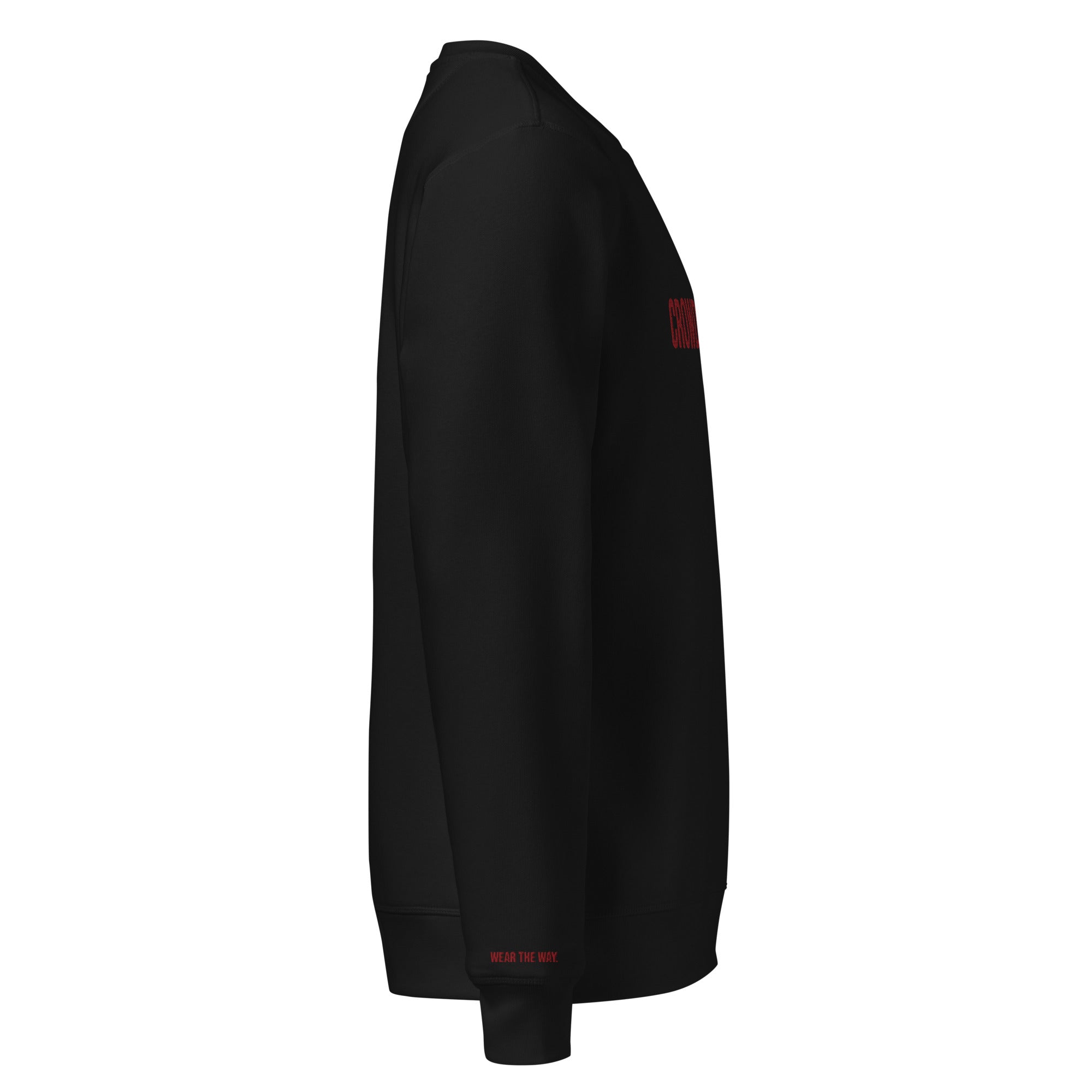 Black sweatshirt with a red logo on the chest against a white background