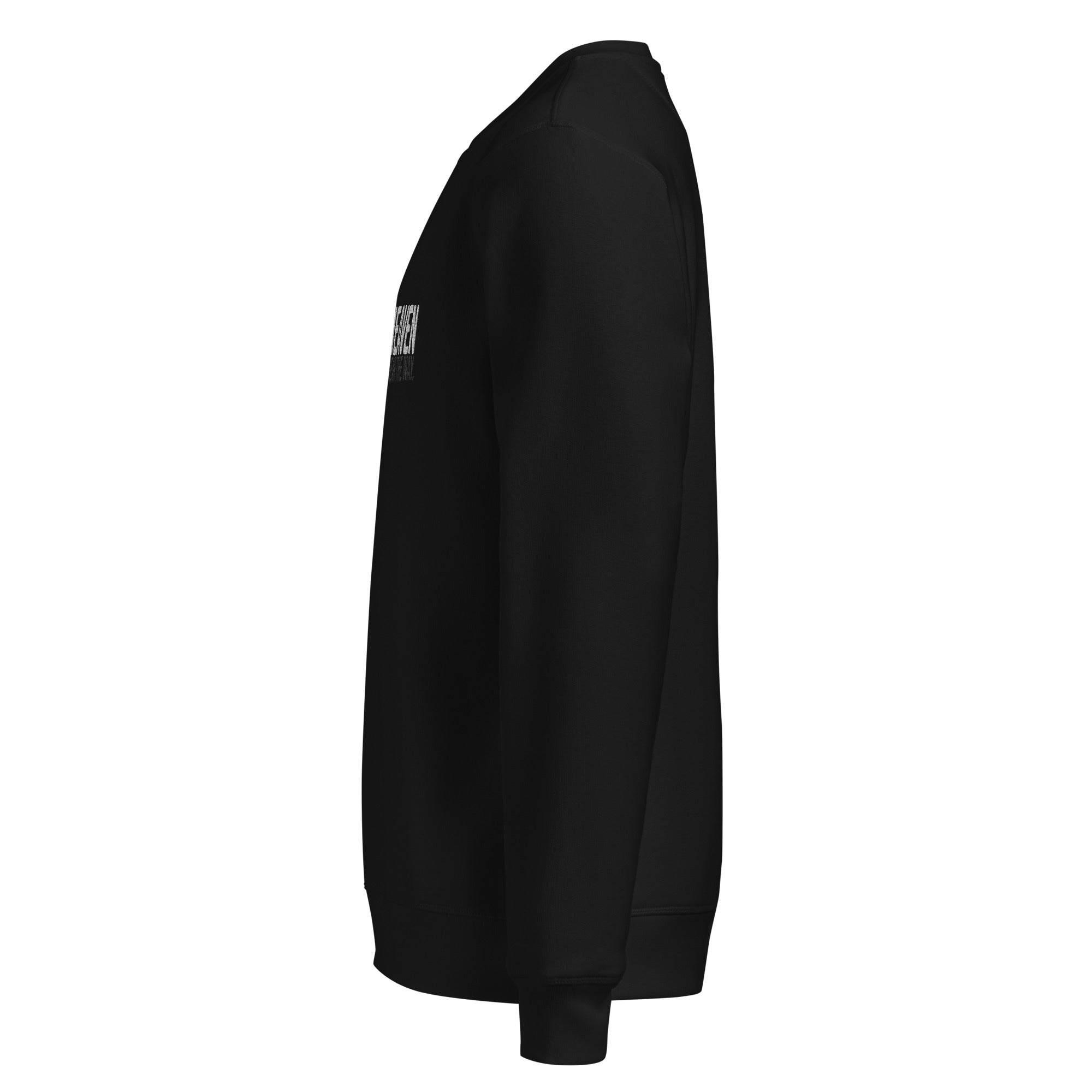 Black sweatshirt with text on the sleeve against a white background