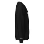 Black sweatshirt with text on sleeve and bottom on a white background
