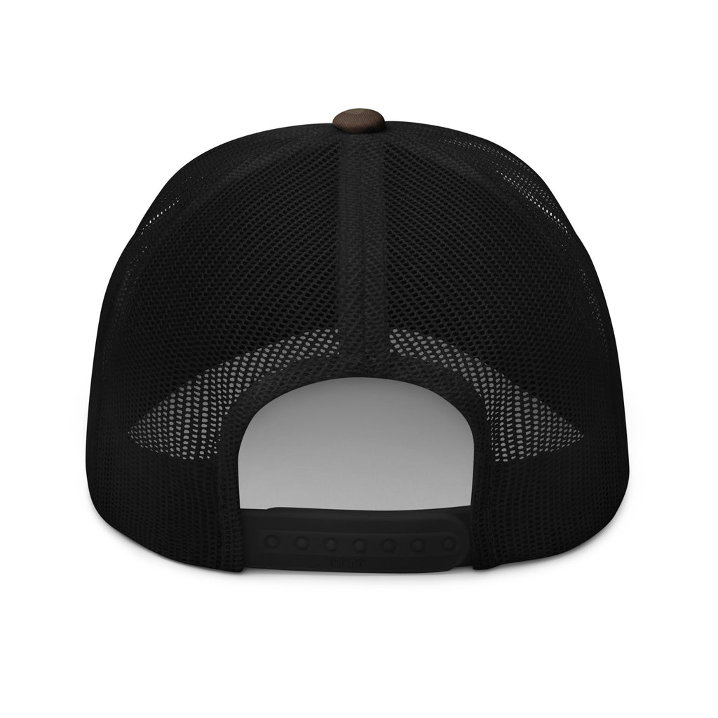 Black mesh Trucker hat with a brown button on a white background