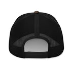 Black mesh Trucker hat with a brown button on a white background