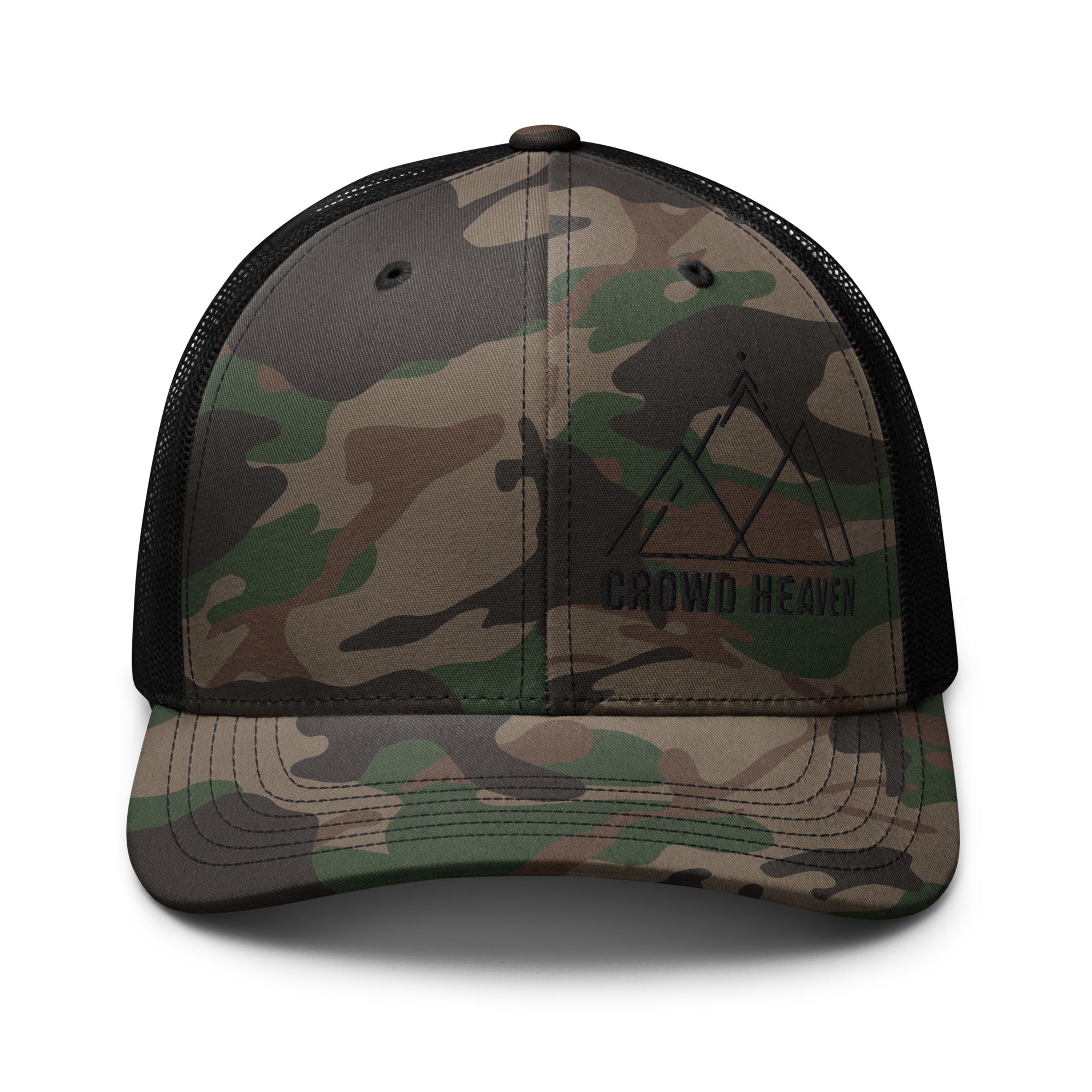 Camouflage trucker hat with black mesh and brand logo on a white background
