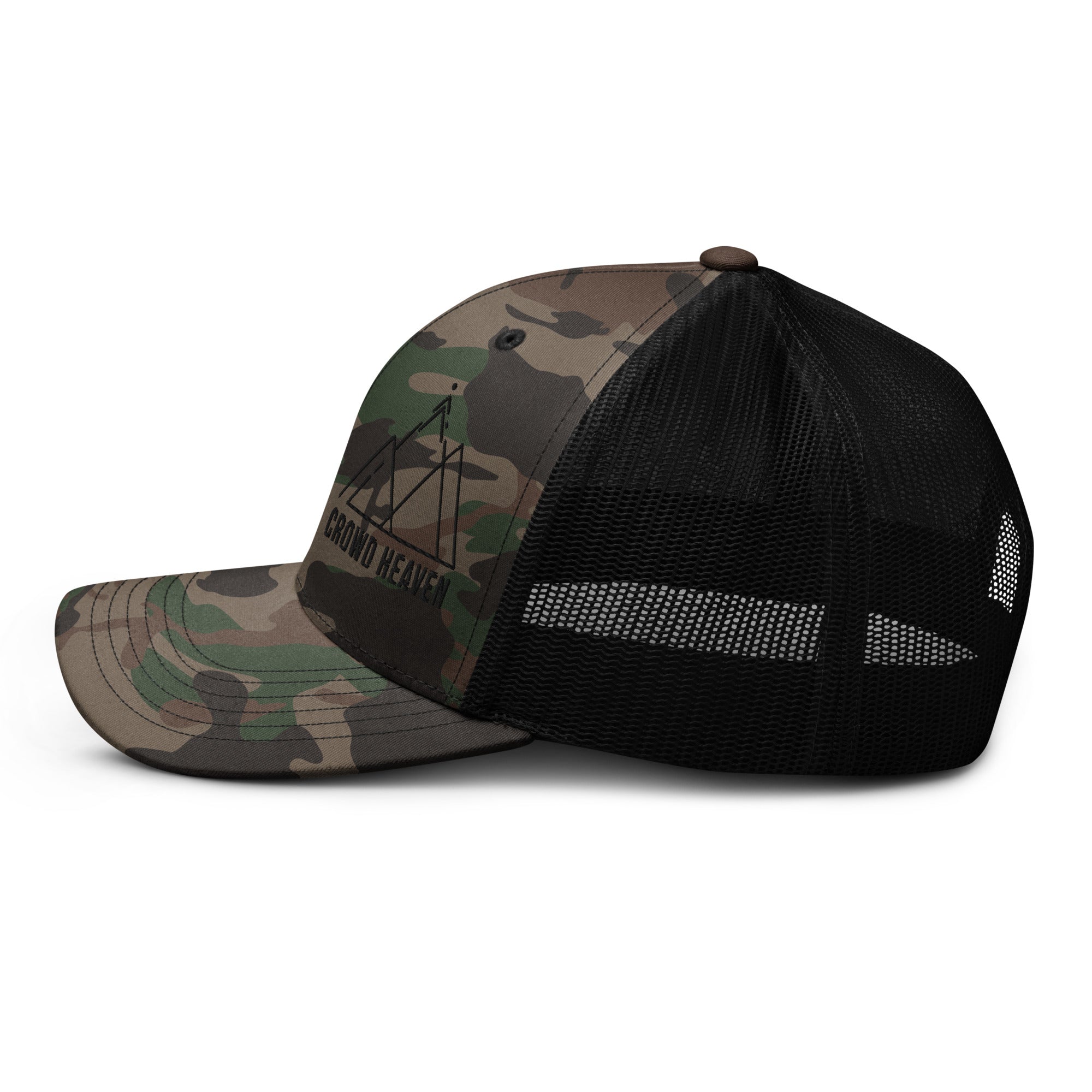 Camouflage and black trucker hat on a white background